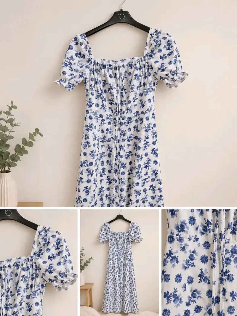 Vestido largo floral blanco y azul