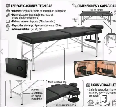 Camilla de Masaje Plegable Negra con Altura Ajustable - miniatura 1
