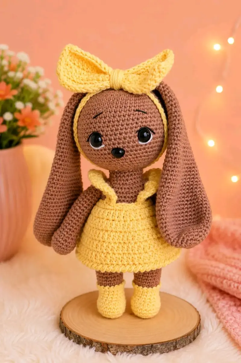 Muñeco amigurumi de conejo con vestido amarillo