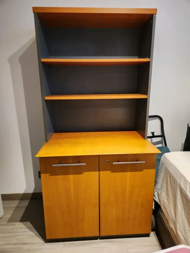 Estante de madera con puertas y estantes ajustables
