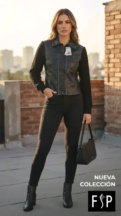 Chaqueta de cuero negra para mujer FSP - miniatura 1