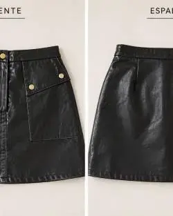 Falda corta de cuero sintético negra con botones - 1