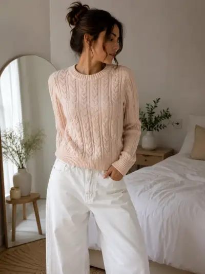 Suéter de punto trenzado color crema para mujer - miniatura 1