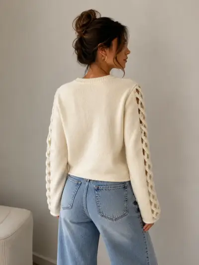 Suéter de punto beige con diseño calado - miniatura 1