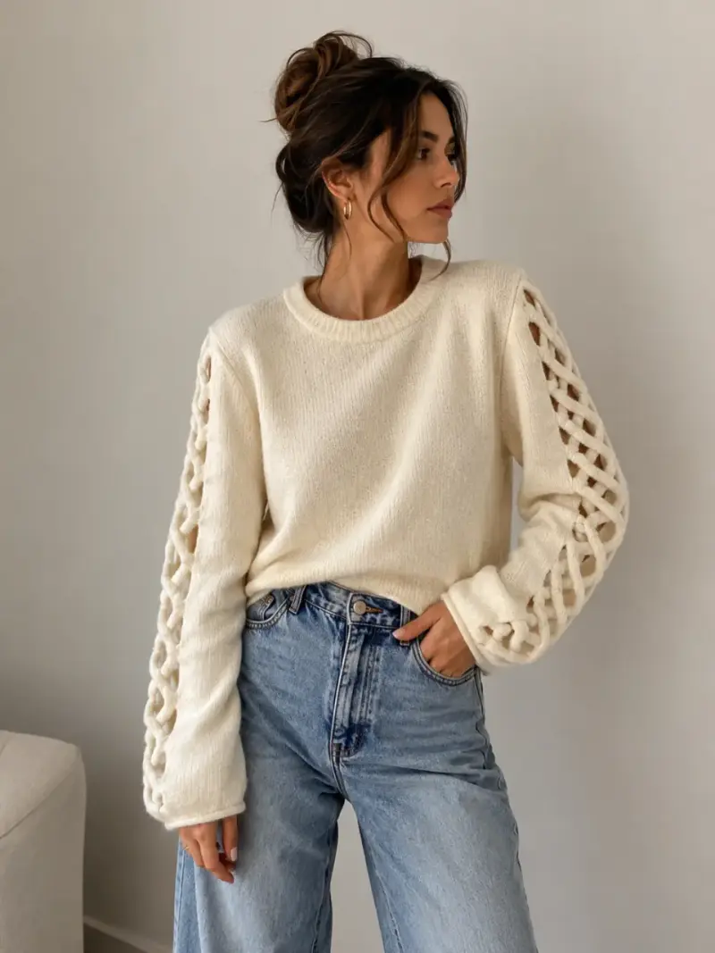 Suéter de punto beige con diseño calado - 2