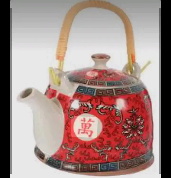 Tetera de cerámica roja con diseño oriental - 2