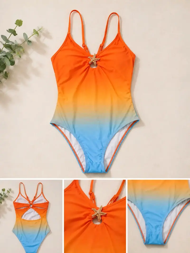 Traje de baño degradado naranja y azul con detalle de estrella