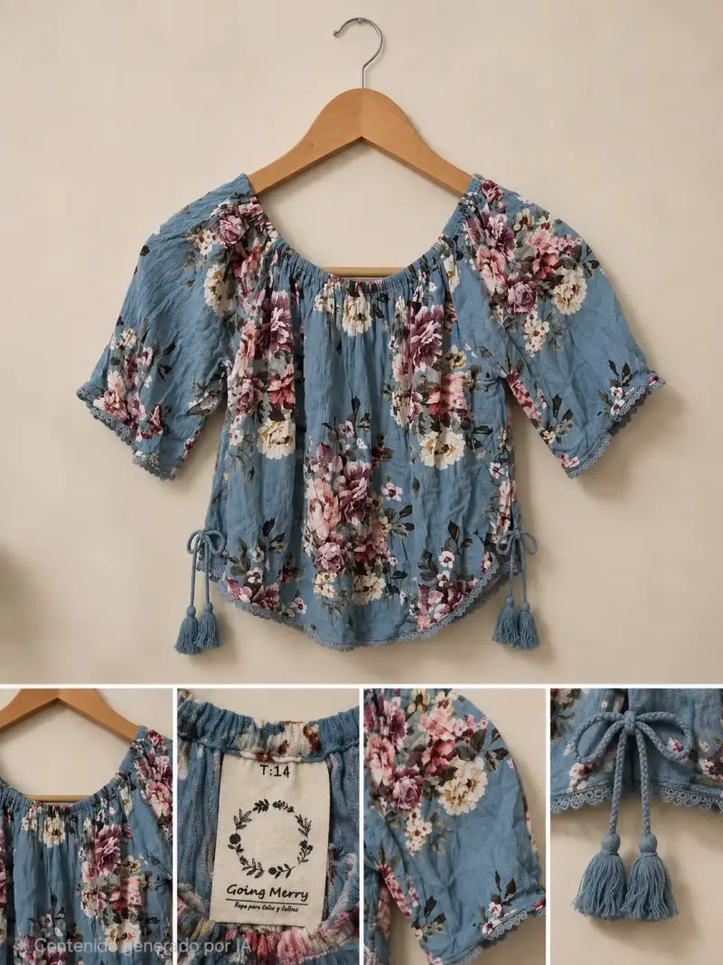 Blusa floral azul con mangas abullonadas
