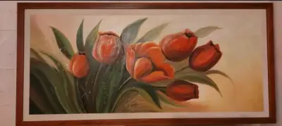 Cuadro Óleo de Tulipanes en Marco de Madera - miniatura 1