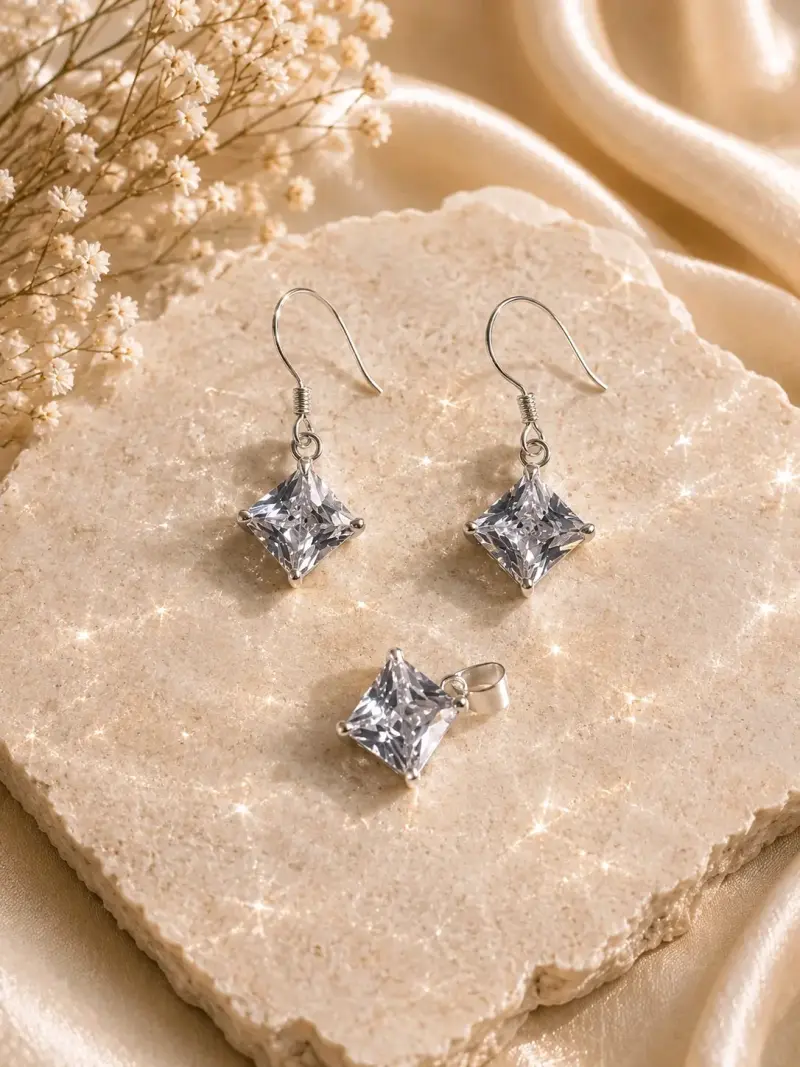 Set de joyería de plata con circonitas cuadradas