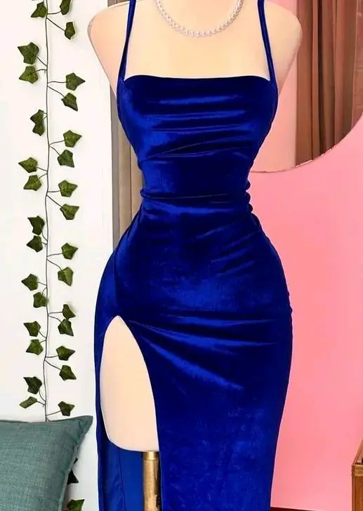 Vestido largo azul aterciopelado - 2