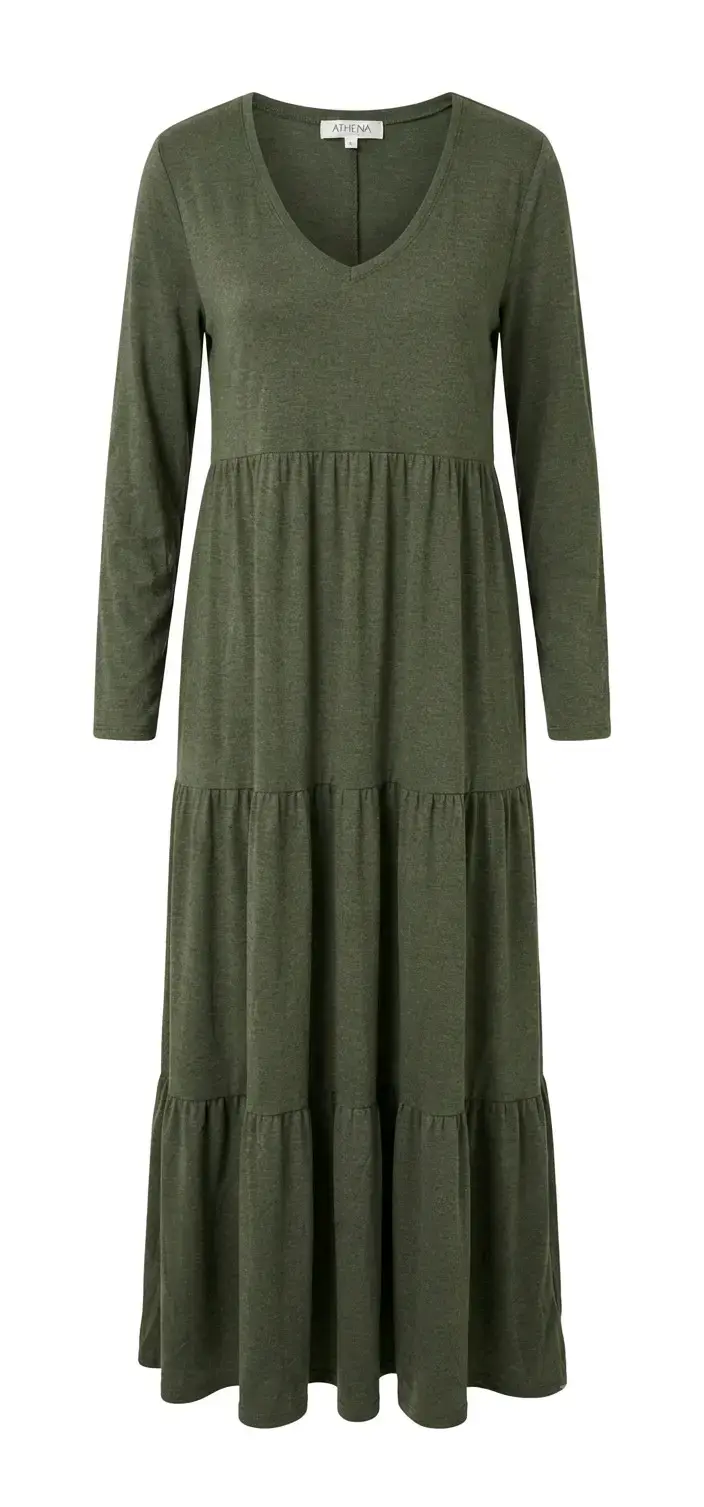 Vestido largo verde oliva de manga larga Athena