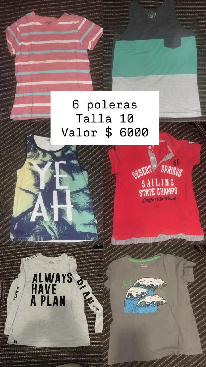 Lote de 6 poleras talla 10 para niños