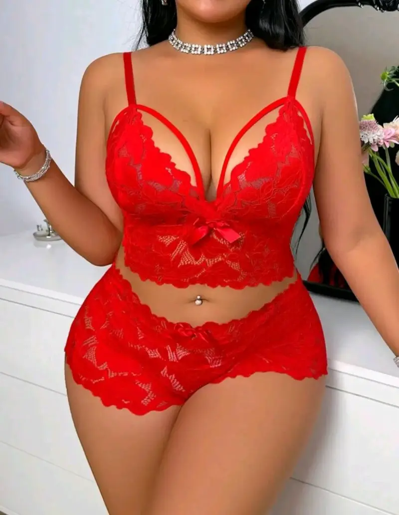 Conjunto de lencería estampado y encaje talla M y XL - 5