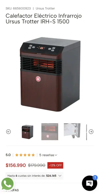 Calefactor Eléctrico Infrarrojo Ursus Trotter IRH-S 1500 - miniatura 4