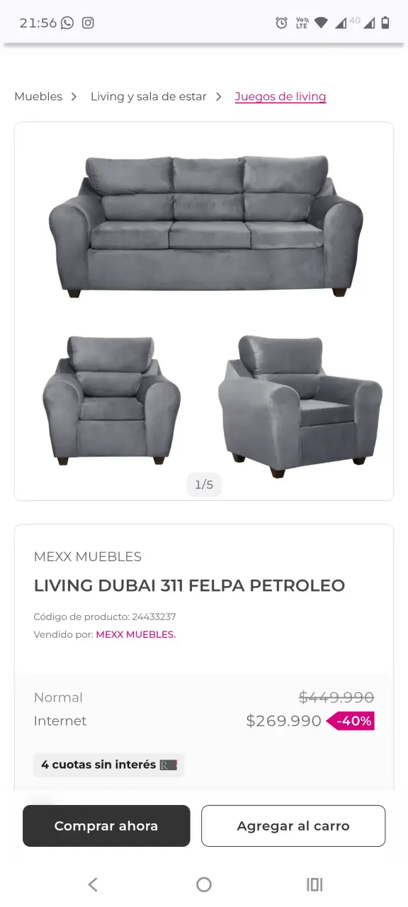 Juego de Living Dubai 311 Felpa Petróleo