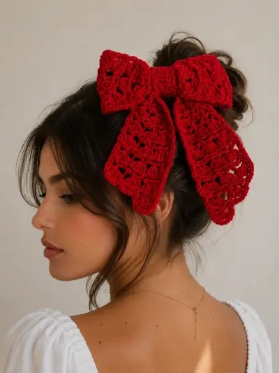 Lazo de cabello tejido a crochet rojo - miniatura 1