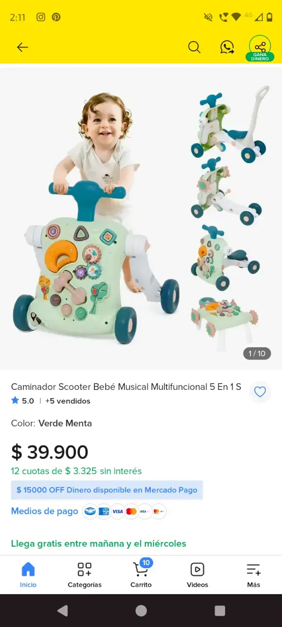 Caminador Scooter Bebé Musical Verde Menta - 2