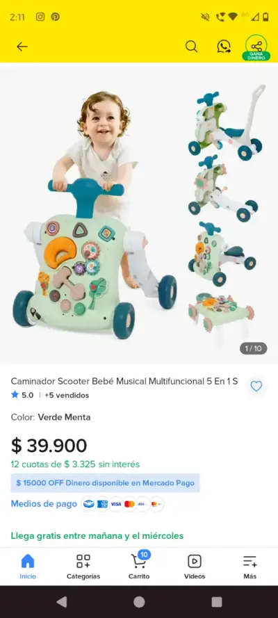 Caminador Scooter Bebé Musical Verde Menta - miniatura 2