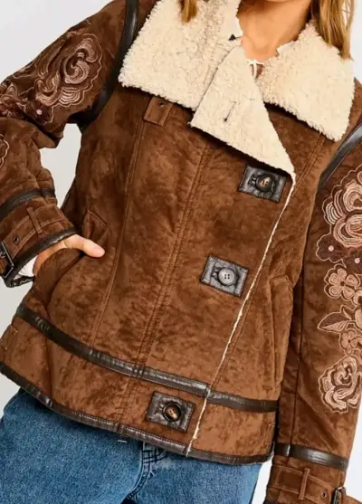 Chaqueta de mujer marrón con bordados florales - miniatura 1