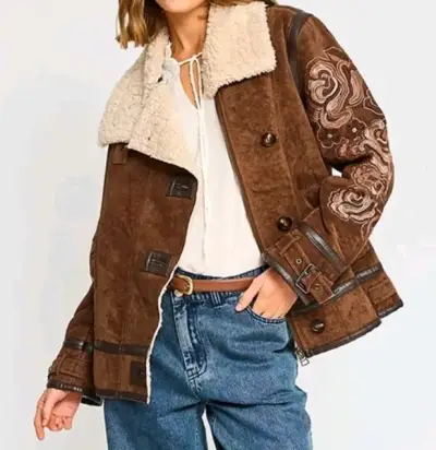 Chaqueta de mujer marrón con bordados florales - miniatura 4