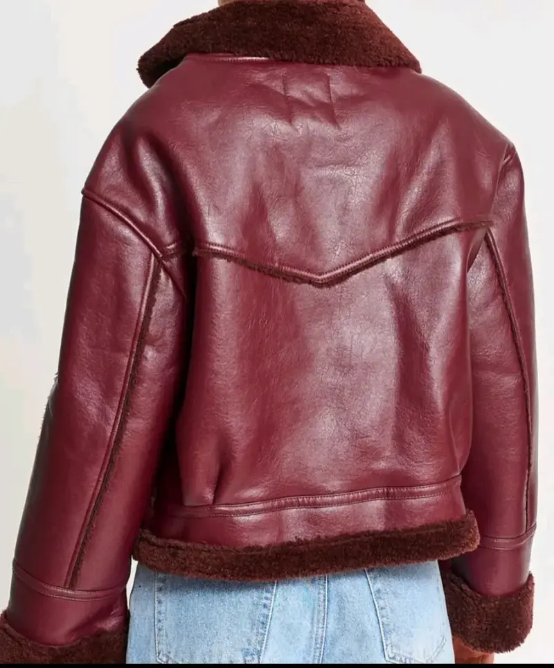 Chaqueta de cuero sintético burdeos con forro de lana - 1