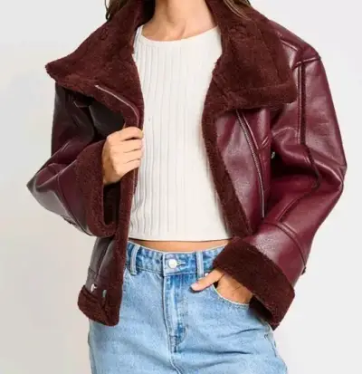 Chaqueta de cuero sintético burdeos con forro de lana - miniatura 4