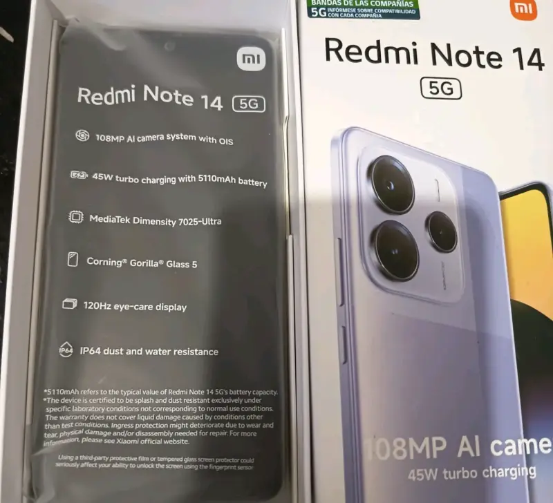 Smartphone Xiaomi Redmi Note 14 5G con cámara de 108MP