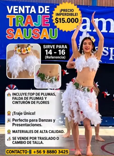 Traje de baile polinesio con plumas blancas - miniatura 2