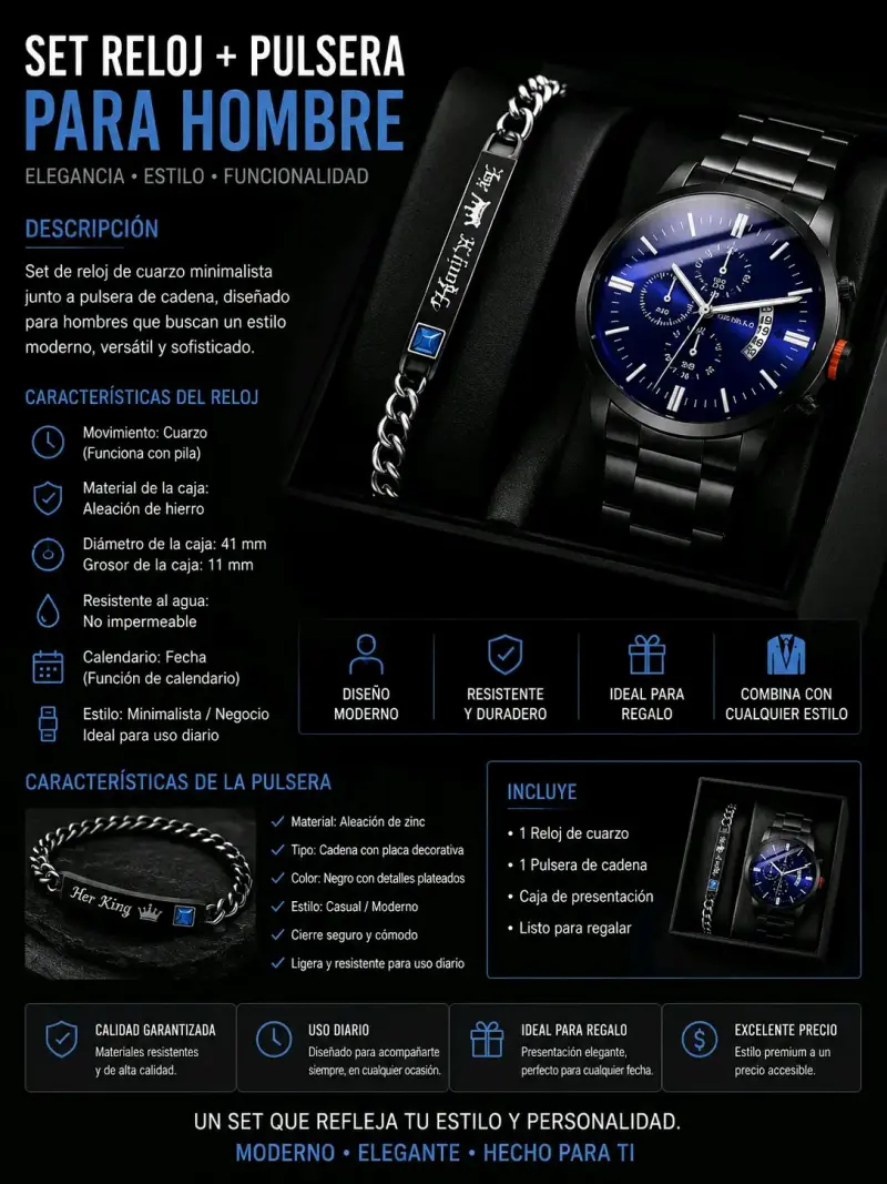 Set de Reloj y Pulsera para Hombre Elegante