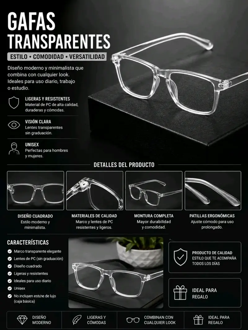 Gafas transparentes unisex ligeras y cómodas