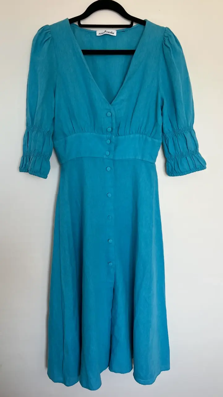 Vestido azul turquesa con botones Aldea Zapallar - 1