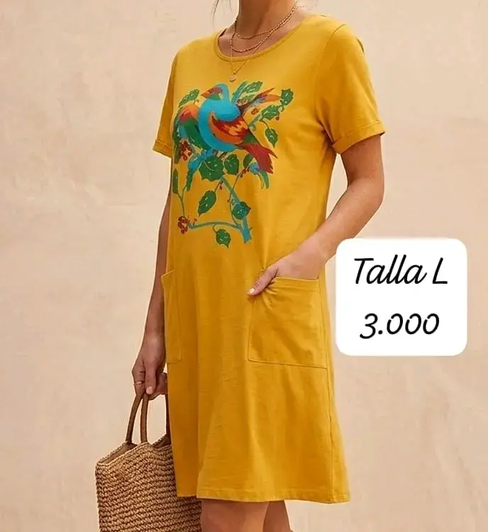 Vestido amarillo con estampado de pájaro talla L