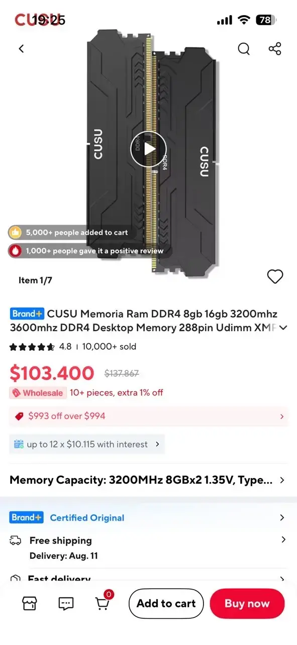 Memoria RAM DDR4 16GB 3200MHz CUSU - 3