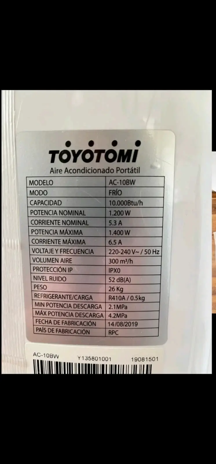 Aire acondicionado portátil Toyotomi AC-10BW 10000 BTU - 1