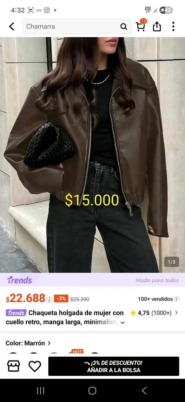 Chaqueta holgada de mujer marrón con cuello retro