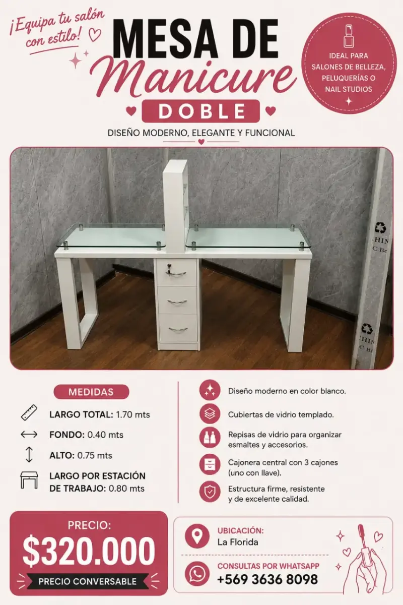 Mesa de Manicure Doble con Cajonera
