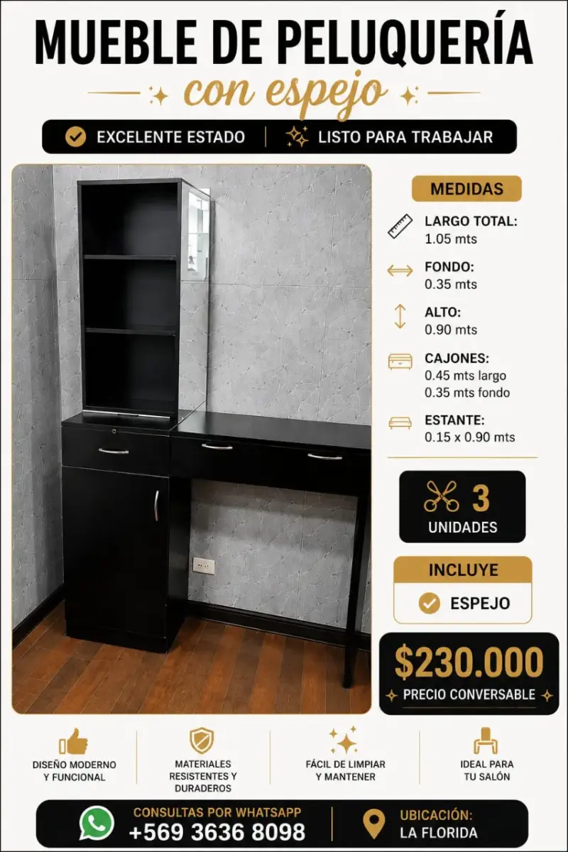 Mueble de peluquería con espejo en excelente estado