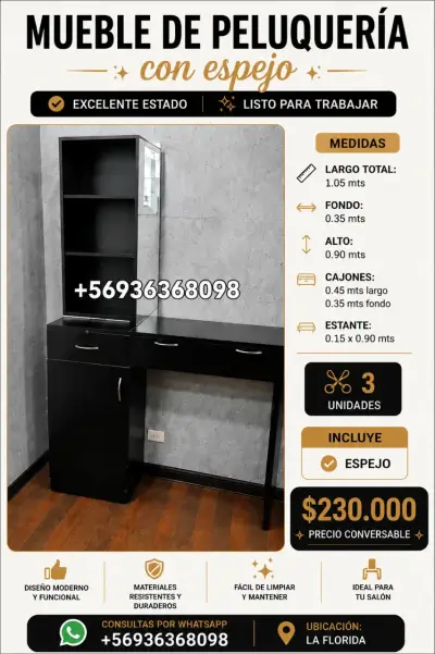 Mueble de peluquería con espejo en excelente estado - miniatura 3