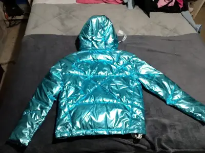 Chaqueta metálica azul con capucha para mujer - miniatura 2