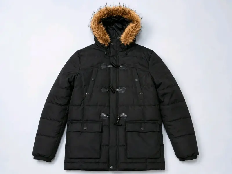 Parka negra con capucha de piel sintética