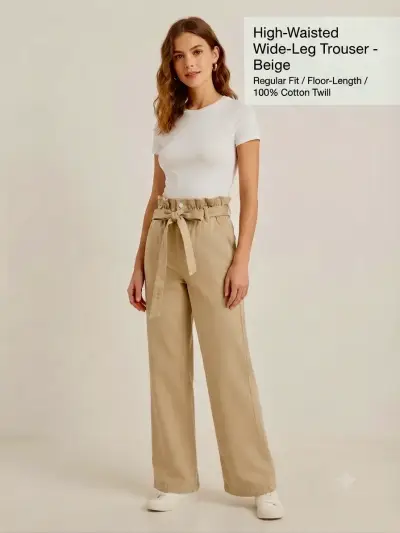Pantalones beige de pierna ancha y tiro alto - miniatura 1
