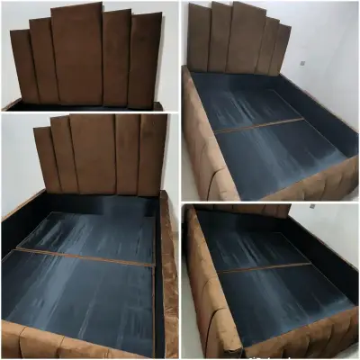 Cama matrimonial tapizada en terciopelo marrón - miniatura 1