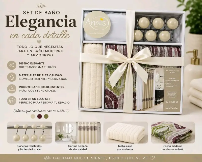 Set de baño elegante con cortina y accesorios Anais - 2