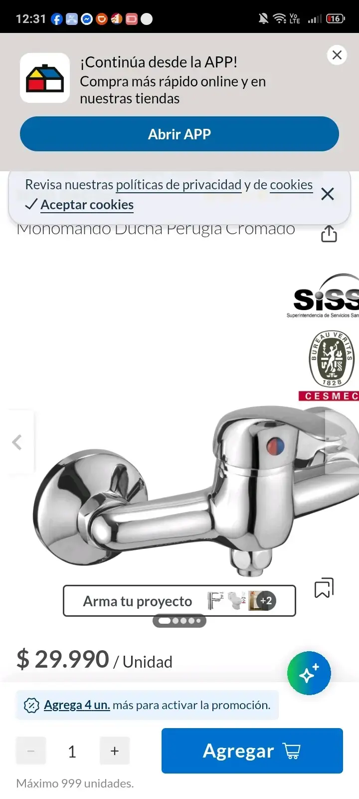 Monomando para ducha Perugia cromado