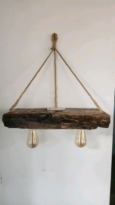 Lámpara colgante rústica en roble con yute - miniatura 1