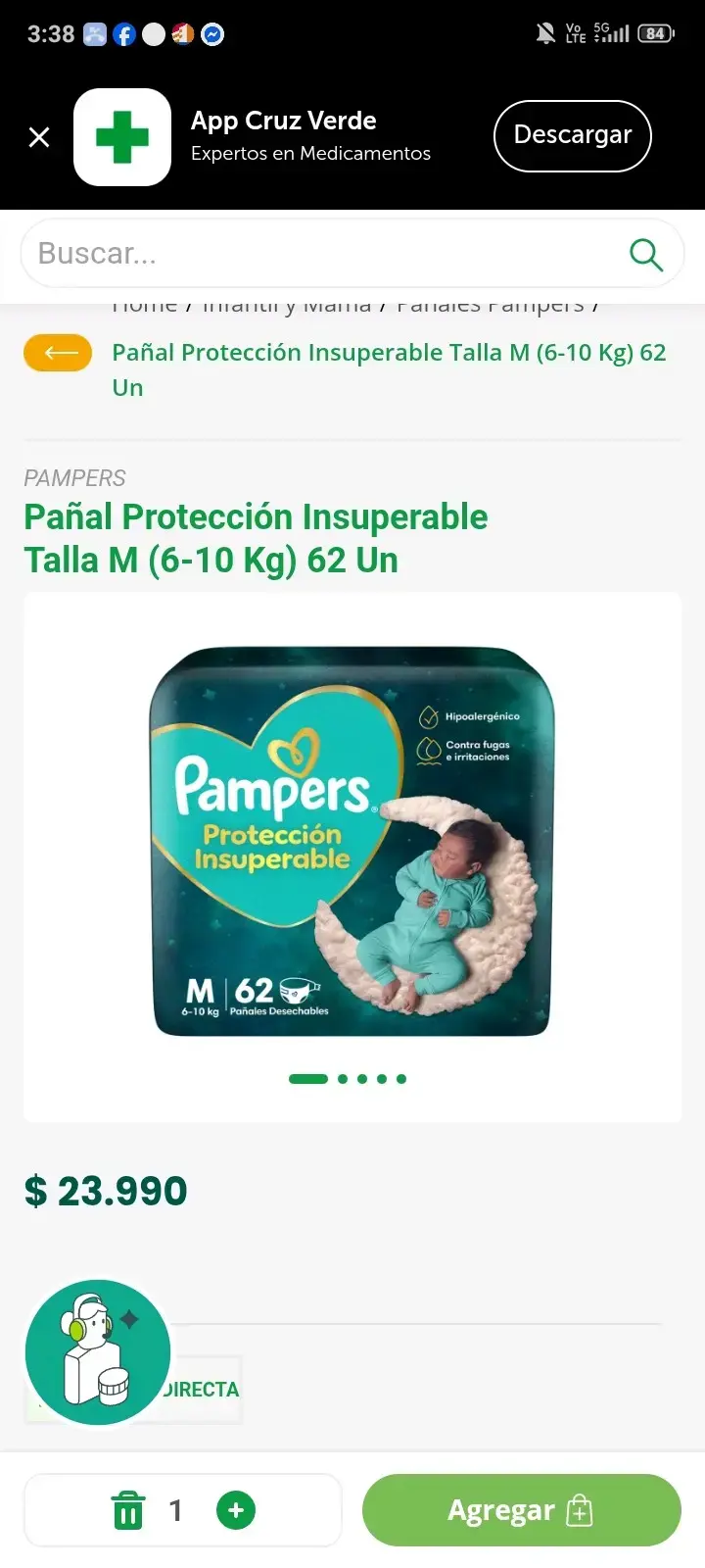 Pañales Pampers Protección Insuperable Talla M 62 Unidades