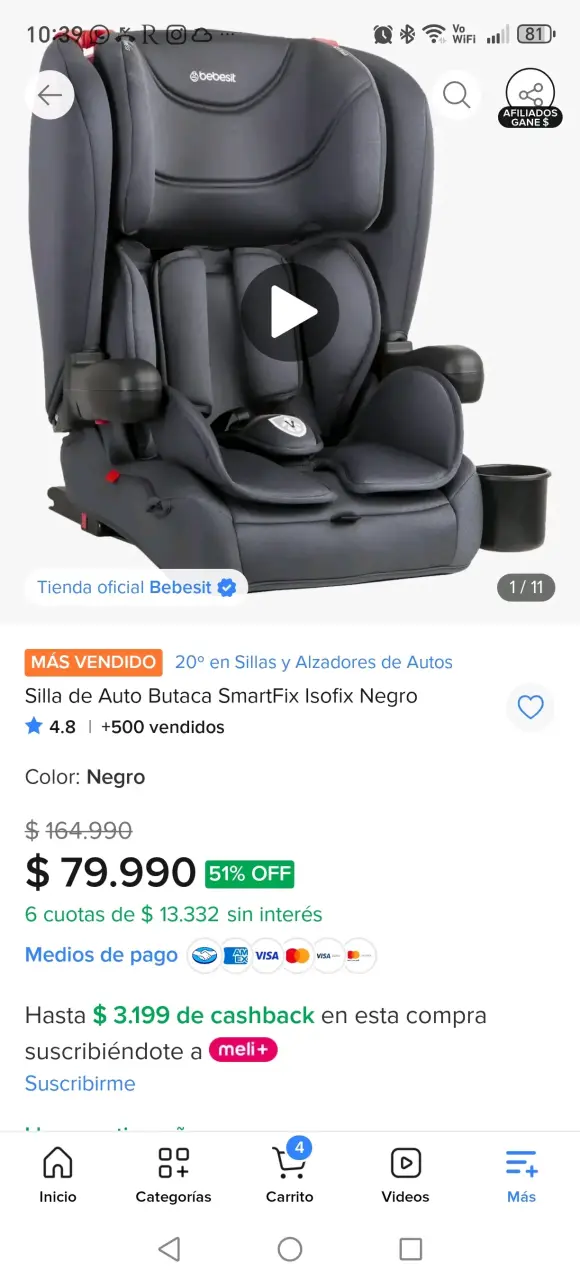 Silla de Auto Bebesit Grupo 1/2/3 Negra - 5