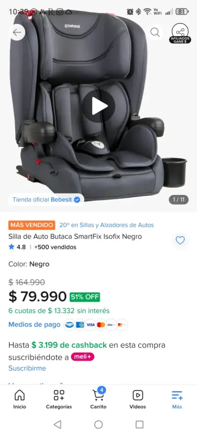 Silla de Auto Bebesit Grupo 1/2/3 Negra - miniatura 5