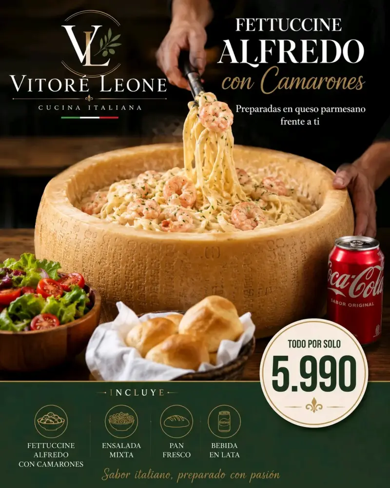 Fettuccine Alfredo con Camarones Vitoré Leone
